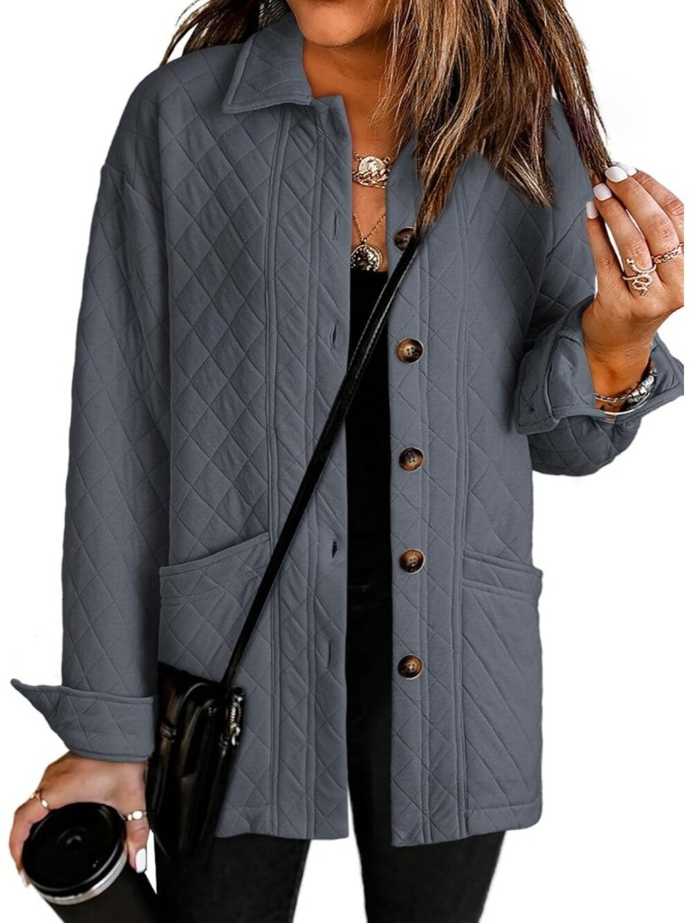 〽️Women Grey Quilted Casual Lightweight Button Down Collared Pocket Sleeve Coat